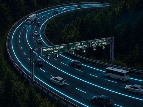Self-luminous glow-in-the-dark highway lane markings at night