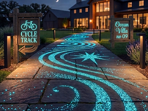 Self-luminous glowing pathway at a private villa at night